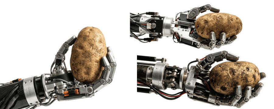 a set of robotic hands presenting rustic potatoes PNG illustration of automated root crop farming, AI agriculture, food technology and smart harvesting systems

