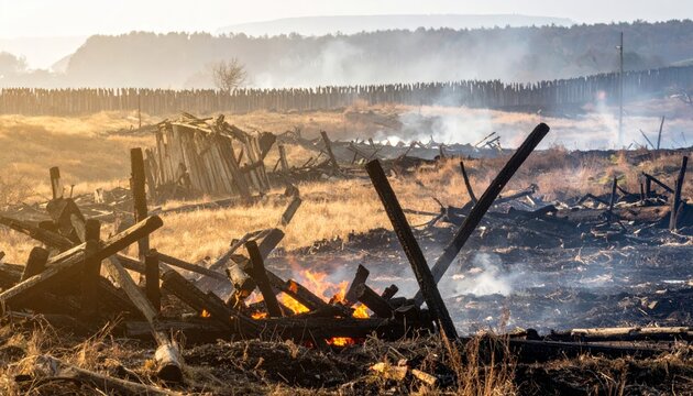 Charred Wooden Ruins Burning in a Smoke-Filled Landscape
