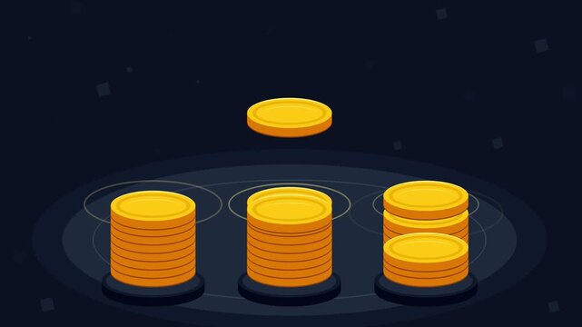 Golden coin stacks rising on dark digital platform representing financial growth and investment success in high contrast neon lighting