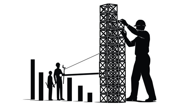 Construction workers building a tower with a bar graph