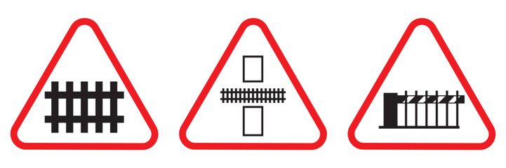 Railway Crossing Traffic Sign Icon Vector Railroad Warning Symbol Isolated on White  Background © maxalamin09