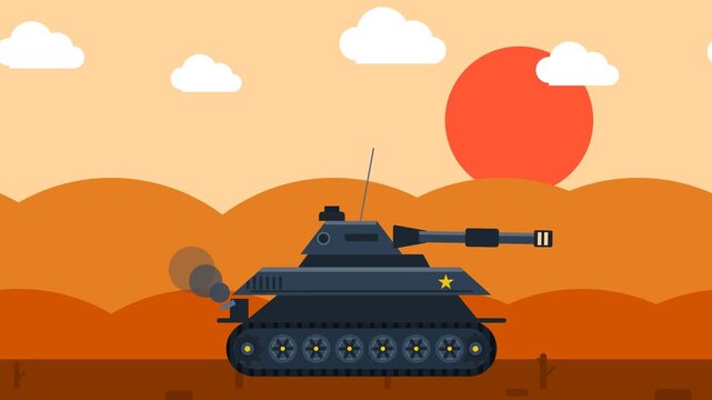 Heavy Military Tank Vector Animation Driving Through Desert Sand Dunes at Sunset with Minimalist Flat Design Style