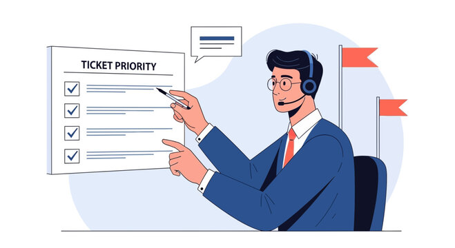 Customer support manager prioritizing tickets, task management, service desk illustration