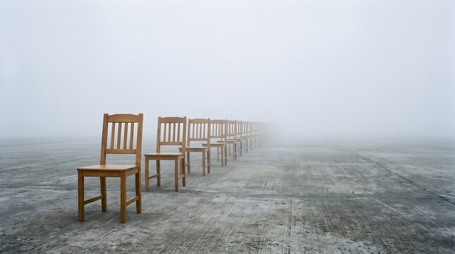 Infinite row of empty wooden chairs receding into dense fog from vanishing point perspective, surreal loneliness and solitude concept fine art desaturated horizontal