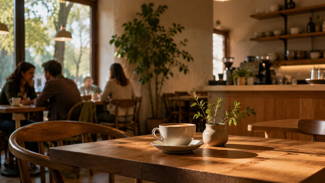 A cozy cafe interior with people enjoying coffee and conversation at wooden tables, bathed in warm sunlight