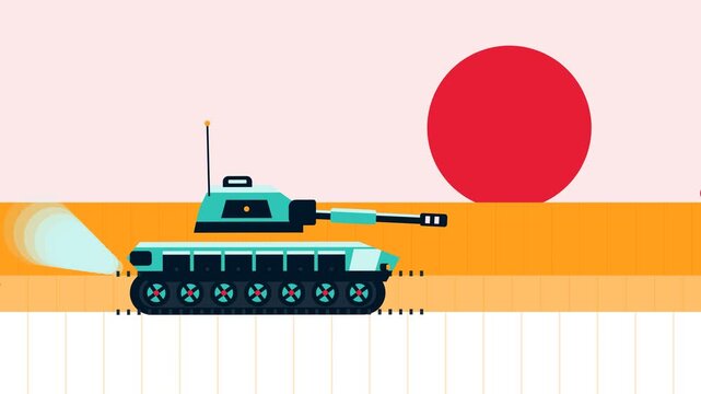 Minimalist 2D Vector Tank Animation Jumping Over Red Sun in Stylized Desert Landscape for Gaming and Modern Defense Concepts