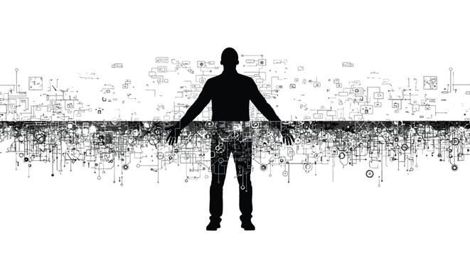 Man standing in front of a complex circuit board design with arms outstretched