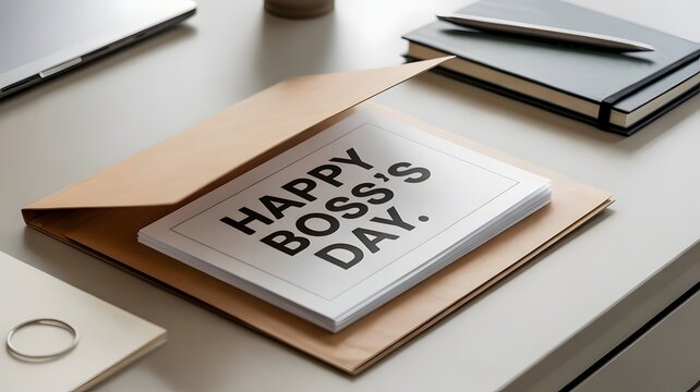 "Happy Boss's Day" Greeting Card in Kraft Envelope on Minimalist Desk with Pen and Notebook