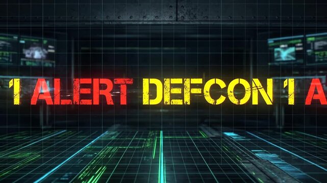 Animated 'ALERT DEFCON' Text on Futuristic Digital Interface, Cybersecurity Warning