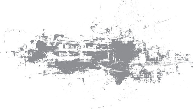 Black and white city panorama with sketch architecture style Urban skyline vector illustration with grunge building textu
