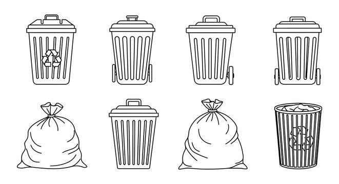 Dumpsters and trash cans black and white vector illustration