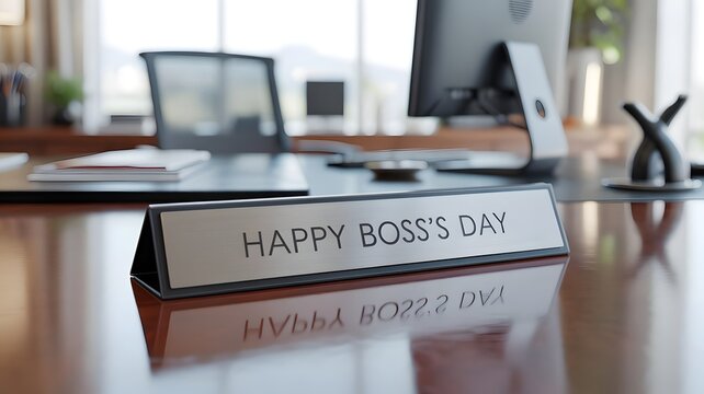 Silver Nameplate with "HAPPY BOSS'S DAY" Text on Executive Wooden Desk in Modern Office