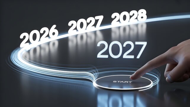 Hand Pressing "START" Button with Glowing Digital Timeline for Year 2027 and 2028