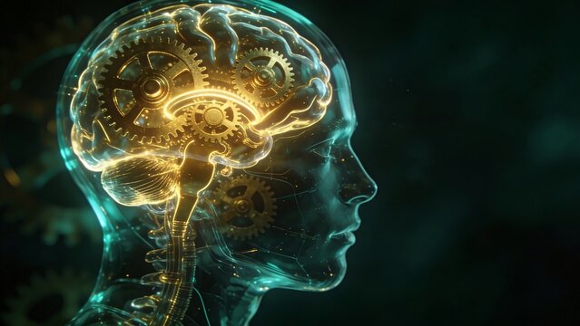 Translucent human head with glowing brain containing golden mechanical gears, lit by teal neon. Represents analytical thinking and mechanics of the human mind.