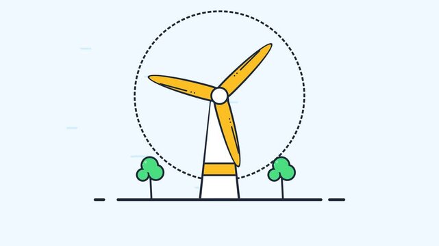 Stylized yellow wind turbine spinning between green trees in a minimalist flat vector landscape symbolizing clean renewable energy and sustainability