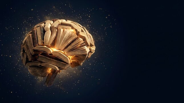 Human brain composed of aged antique books floats in dark starry space, radiating warm golden light. Conveys accumulated wisdom and timeless value of literature.