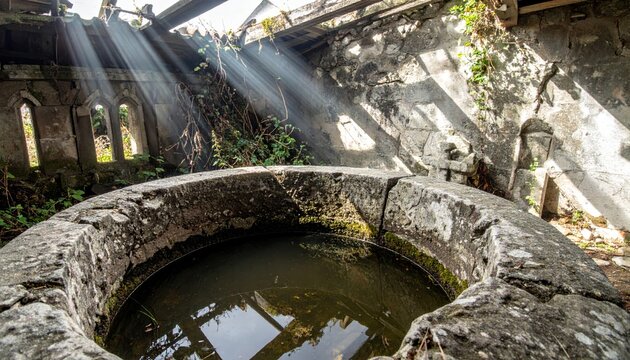 Sunbeams illuminate ancient stone baptismal font in ruins