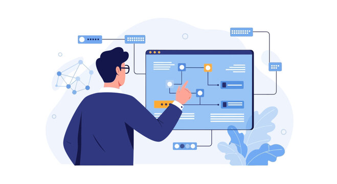 Analyst interacting with complex data flow diagram on digital screen