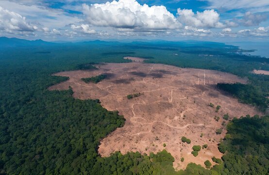 Large scale deforestation in a tropical forest, showing extensive clear-cut areas