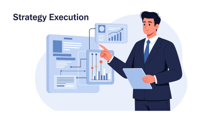 Fototapeta premium Business Strategy Execution: Man in Suit Pointing at Growth Charts