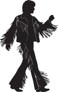 A sharp black silhouette of a man walking, wearing a vintage 1970s-style jacket and trousers detailed with iconic long fringe throughout.