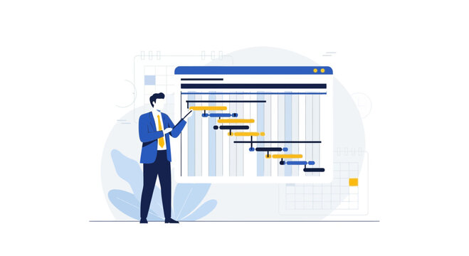 Business Man Pointing at Gantt Chart Timeline Strategy Planning
