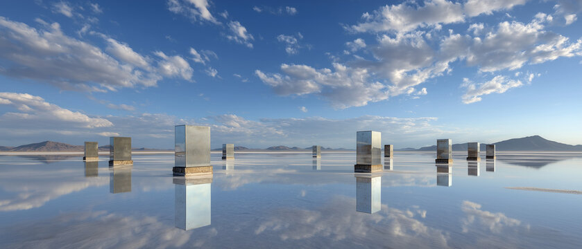 Mirroring the Horizon: A surreal, panoramic view of a vast, reflective landscape, where abstract structures stand as silent sentinels, mirroring the ethereal sky above.