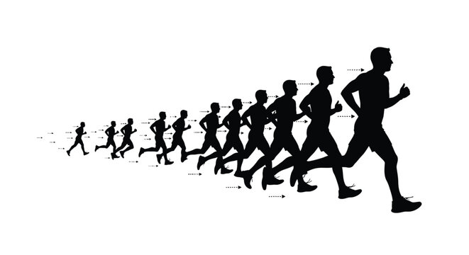 Silhouette of a man running in a series of progressive motion steps shown in black on a white background illustration