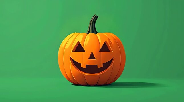 A carved pumpkin with a smiling face sits on a green surface in a dark environment.