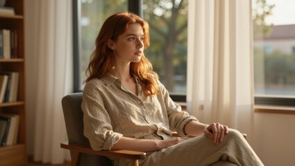 Obraz premium Redhead woman sitting contemplative in armchair by window