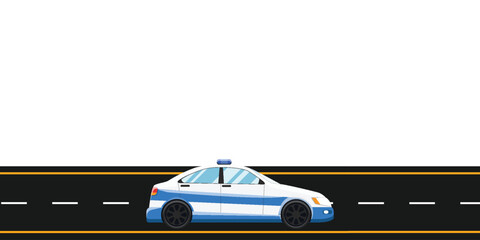 Vector illustration of a blue and white police patrol car driving on an asphalt road, isolated on a white background. Side view profile of a modern law enforcement sedan with light bar. © Ahsuih