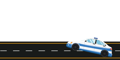 Vector illustration of a blue and white police patrol car driving on an asphalt road, isolated on a white background. Side view profile of a modern law enforcement sedan with light bar. © SENADA DESIGN