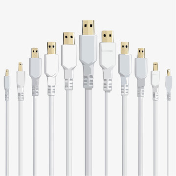 Collection of White USB Cables and Connectors in Ascending Size