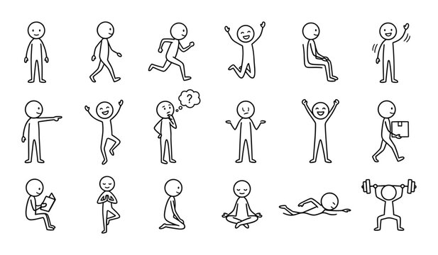 Stick man action line icons set with walking, running, jumping, sitting, reading and exercise poses on transparent background