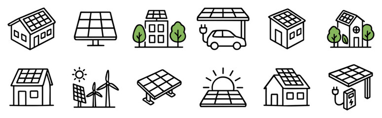 Renewable solar energy outline icons with photovoltaic houses, charging station and eco power systems on transparent background © Maksym