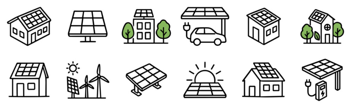 Renewable solar energy outline icons with photovoltaic houses, charging station and eco power systems on transparent background