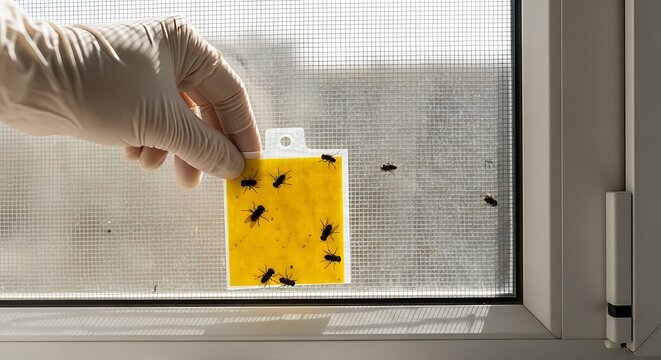 Gloved hand places sticky fly trap on window screen