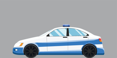 Side view vector illustration of a white and blue police car with sirens. Sleek automotive flat design isolated on a gray background for law concepts. © SENADA DESIGN