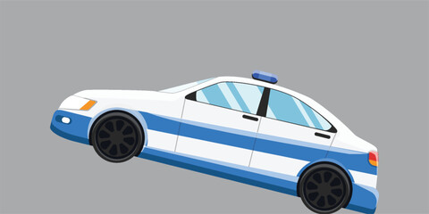 Side view vector illustration of a white and blue police car with sirens. Sleek automotive flat design isolated on a gray background for law concepts. © Ahsuih