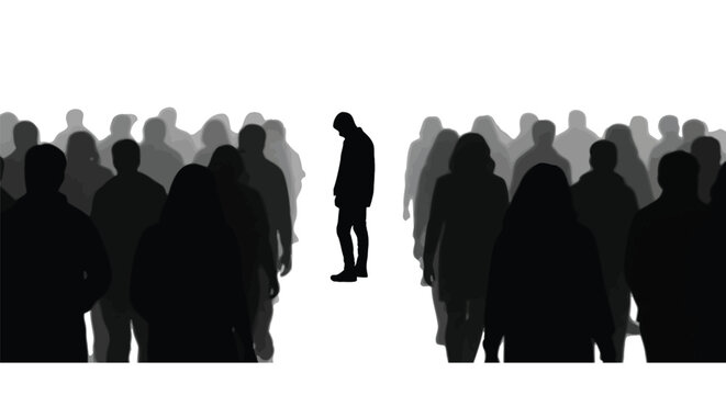 Man standing alone in a crowd of people looking down