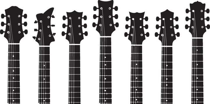 Black electric guitar necks close-up view
