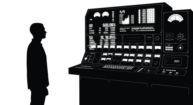 Silhouette of a man standing in front of a large computer control panel with various buttons and screens