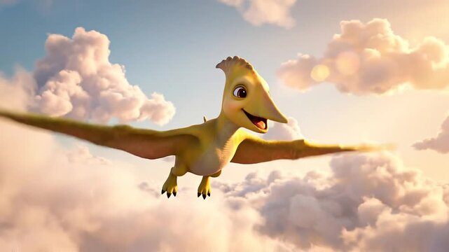 A happy baby dinosaur cartoon soars through the fluffy clouds in a bright, sunny sky, rendered in 3d with a cheerful