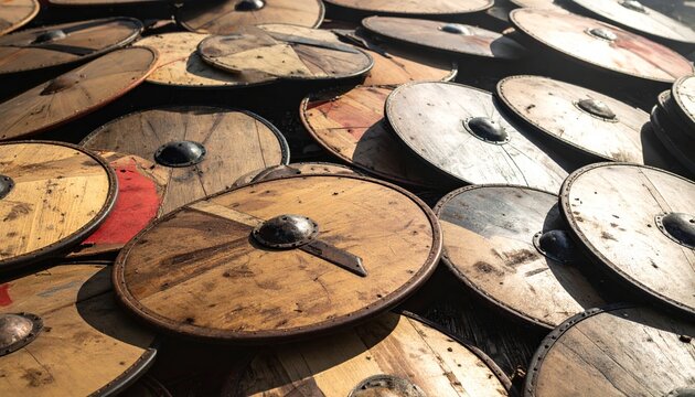 Pile of worn wooden shields bearing battle marks