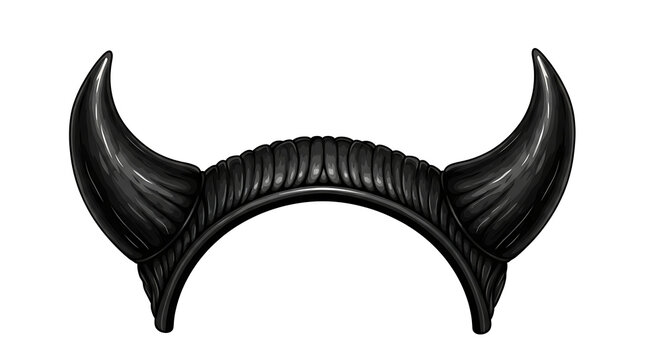 A close up of a black devil horn headband accessory on a white background for cosplay prop use
