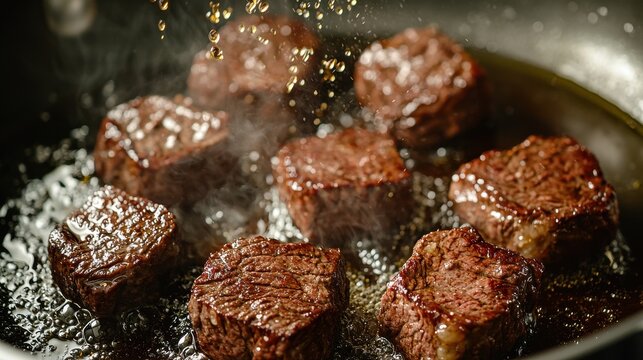 Braised meat browning beef cubes searing stainless steel pan liquid splashing upward crystalline droplets caramelization mahogany steam oil mist