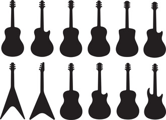 Naklejka premium Black silhouette electric and acoustic guitars collection