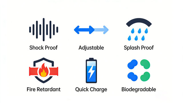 Sound waves, bidirectional arrows, and raindrop icons, shockproof and impact resistant, adjustable size, splash proof, flame retardant and fire-resistant, fast charging, and biodegradable material.
