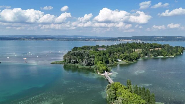 Pan shot of island Mainau panorama over Lake Constance (Bodensee) near Konstanz, Germany
