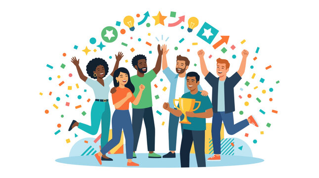 group of multicultural people celebrating event with flying confetti  community joy and success concept